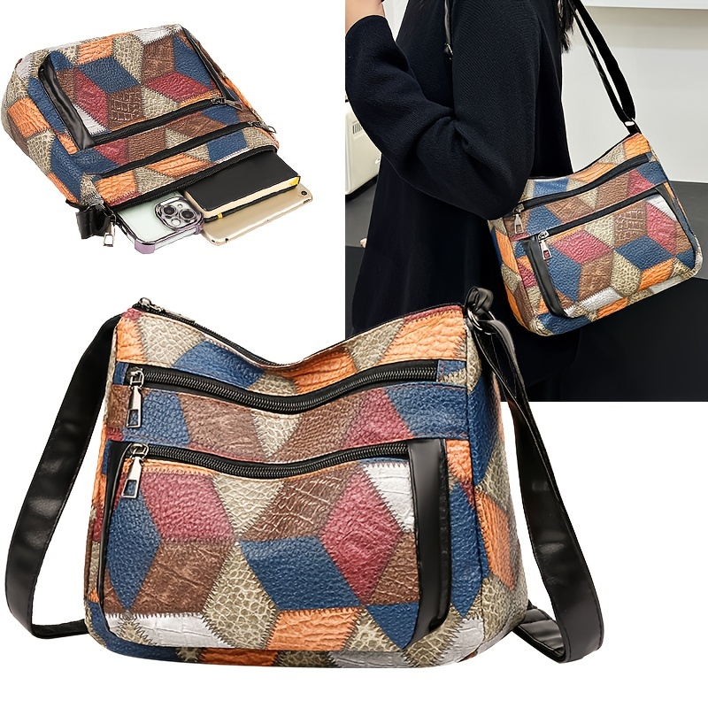 

Sac Bandoulière Patchwork Coloré pour Femme - Bandoulière Ajustable, Sac à Épaule Multicouche avec Fermeture Éclair et Accent de , Matériau PU