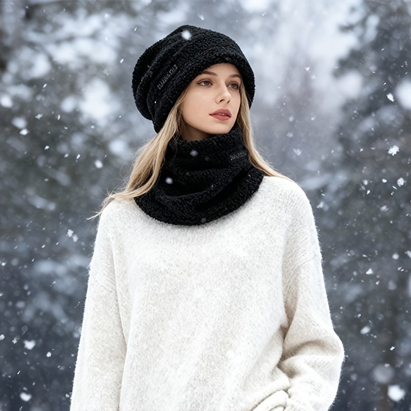TEMU 2 Piezas Conjunto de Gorro y Bufanda de Color Sólido para Otoño/Invierno - Gorro y Bufanda Gruesos Forrados en Polar de de , Material de