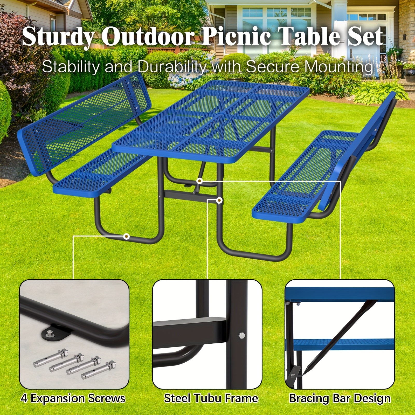 6-Person Outdoor Round Iron Picnic Table with Built-in Bench and Umbrella Hole, Suitable for Gardens, Courtyards, Patios, Lawns, Etc.