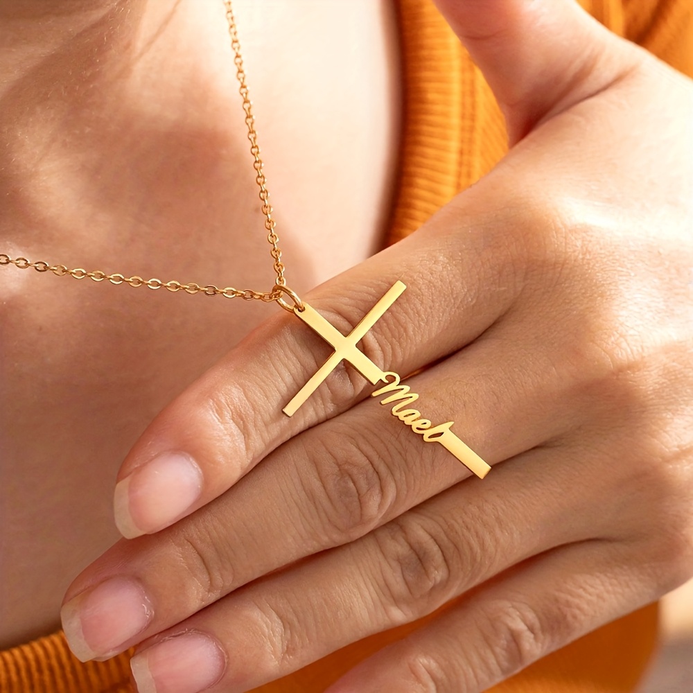 Women's Personalized 18K Gold Plated Cross Name Pendant Necklace