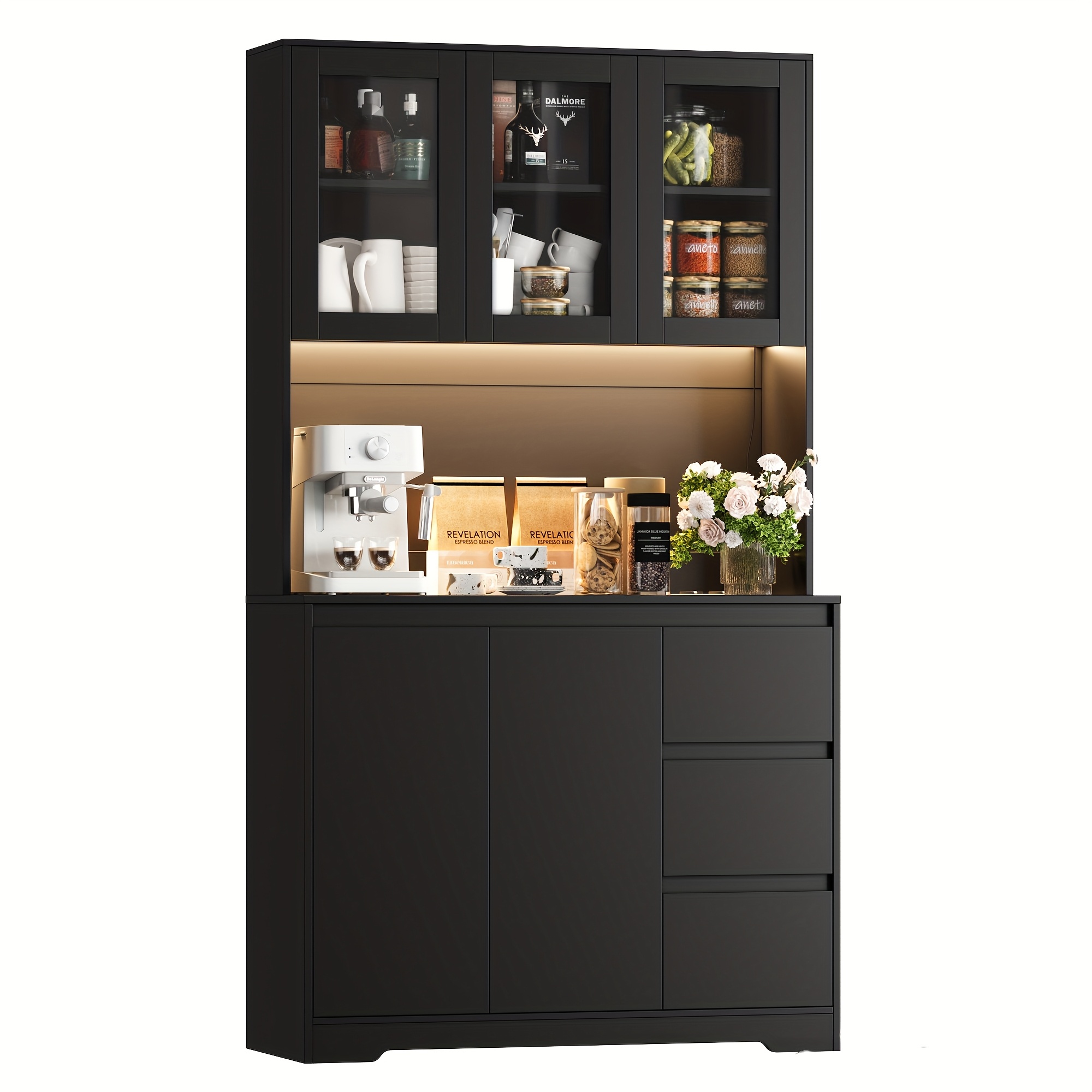 E-shop Kealive Großer Küchenschrank, Sideboard, Buffet, Küchenmöbel, Küchenaufbewahrungsschrank, Esstischgeschirrschrank, mit 3 Schubladen, 5 Türen,
