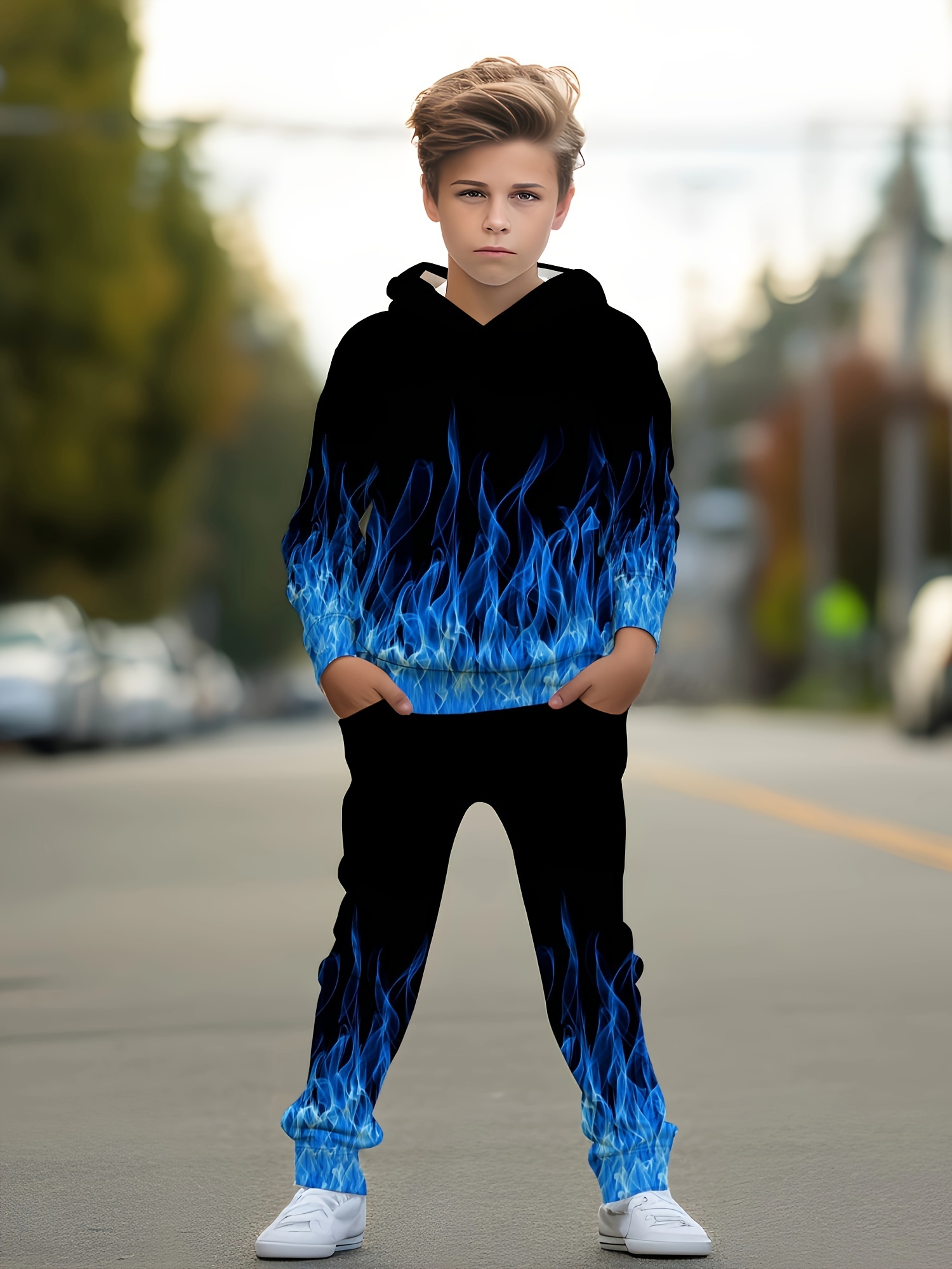 stijlvolle set jongens coole blauwe vlam 3d print hoodie en Temu