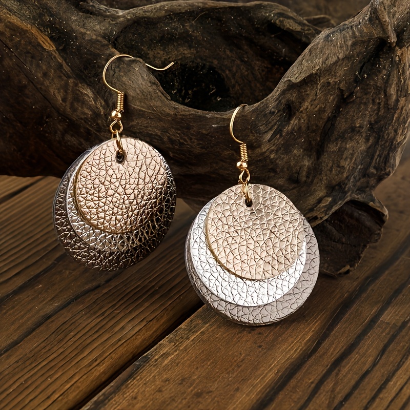 Pair Of New Retro Individual Circular Leopard Print Faux Leather Earrings, Without Battery
