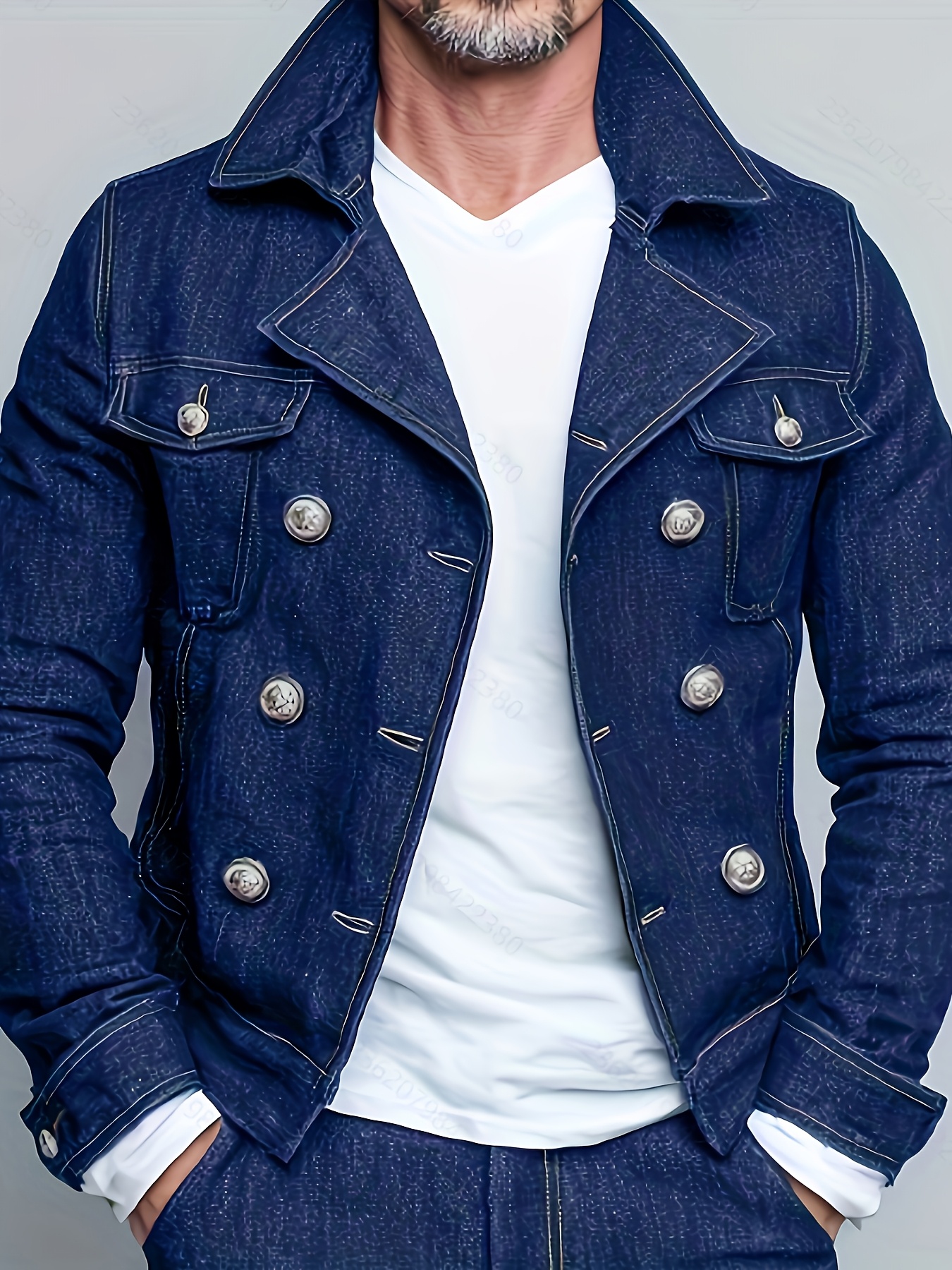 Men's Lapel Collar Double Breasted Chest Pockets Long Sleeve Denim Jacket