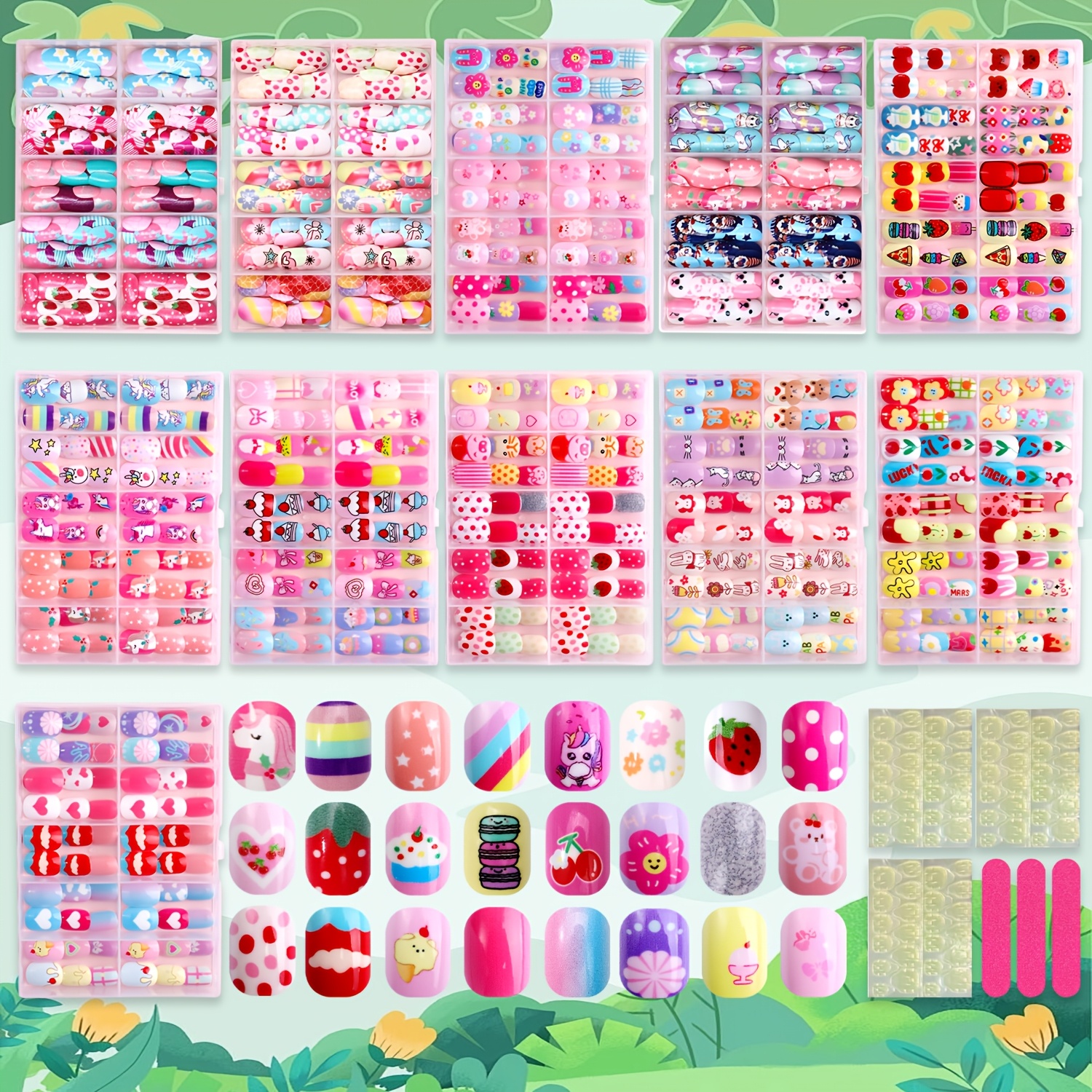 120pcs short square cute colorful acrylic full cover press on   nail patches cartoon patches nails with cartoon flowers fruits small   heart polka dot patterns and striped glossy effect with three gels and three nail files