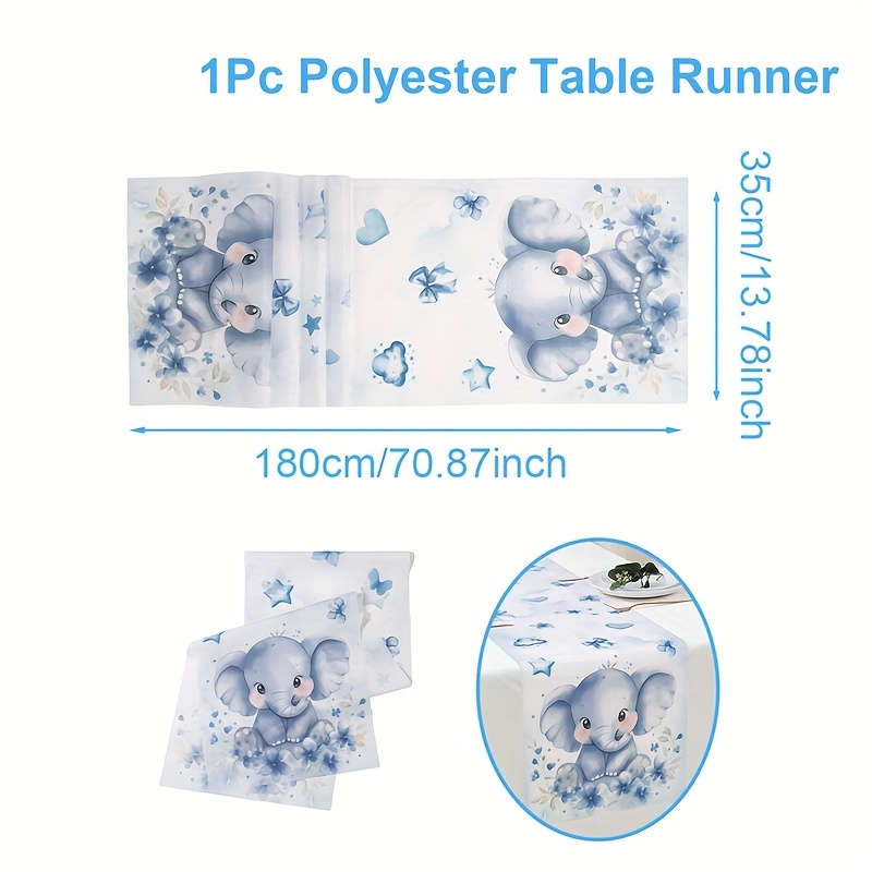 Image of Single Piece Of Elephant-themed Table Runner For Baby Shower Decor, Suitable For Boys And Girls, Made Of Polyester, Ideal As A Tablecloth Or Backdrop For Gender Reveal Celebrations