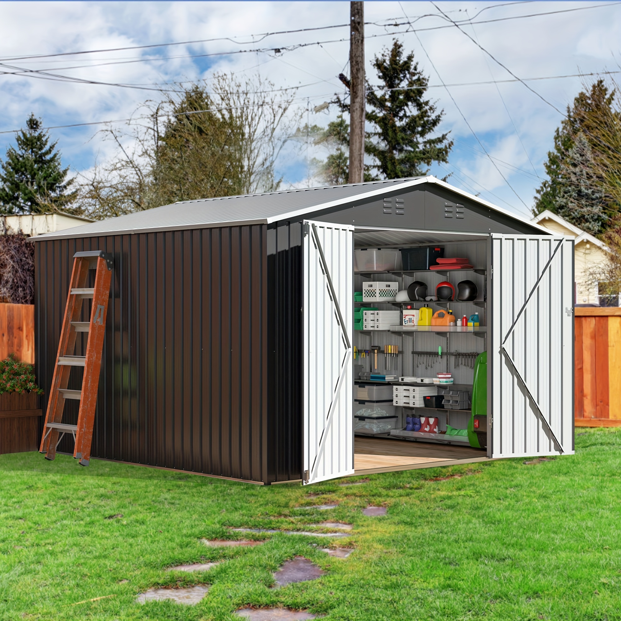 

10x10 Ft Outdoor Storage Shed, Large Garden Shed With Frame Structure And Lockable Doors, Metal Tool Sheds For Backyard Garden Patio Lawn, Black