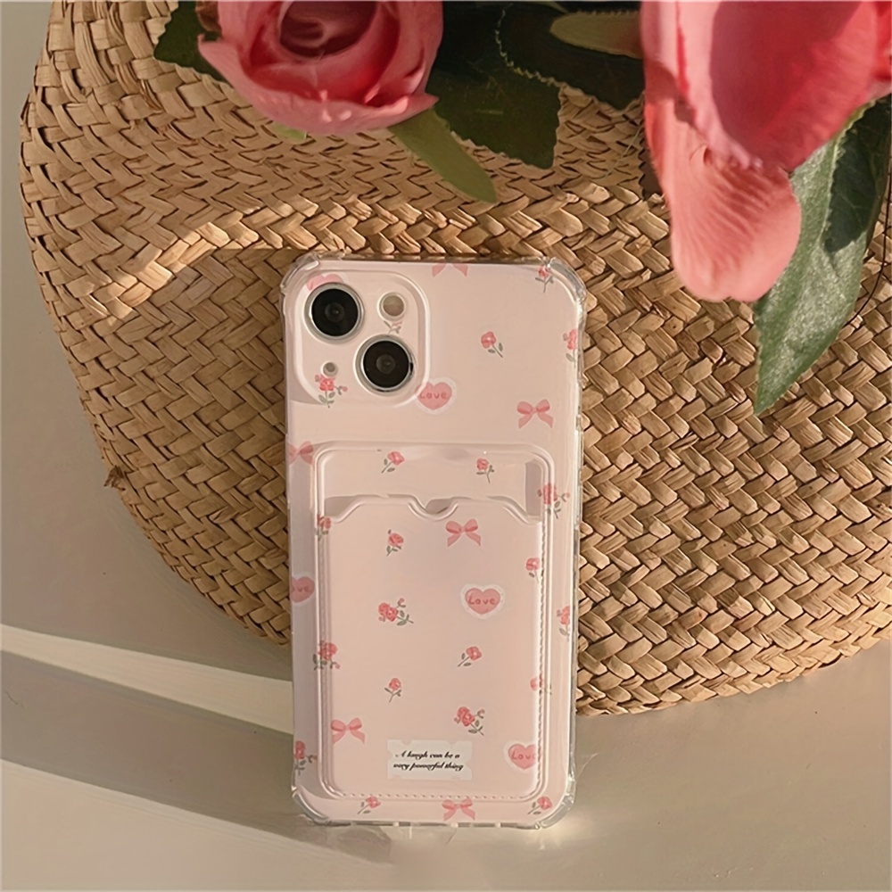 Korean Cute Love Heart Flower Bowknot Wallet Card Holder Bag Phone Case For iPhone 11 12 13 14 15 Pro Max Lovely Soft Shockproof Cover