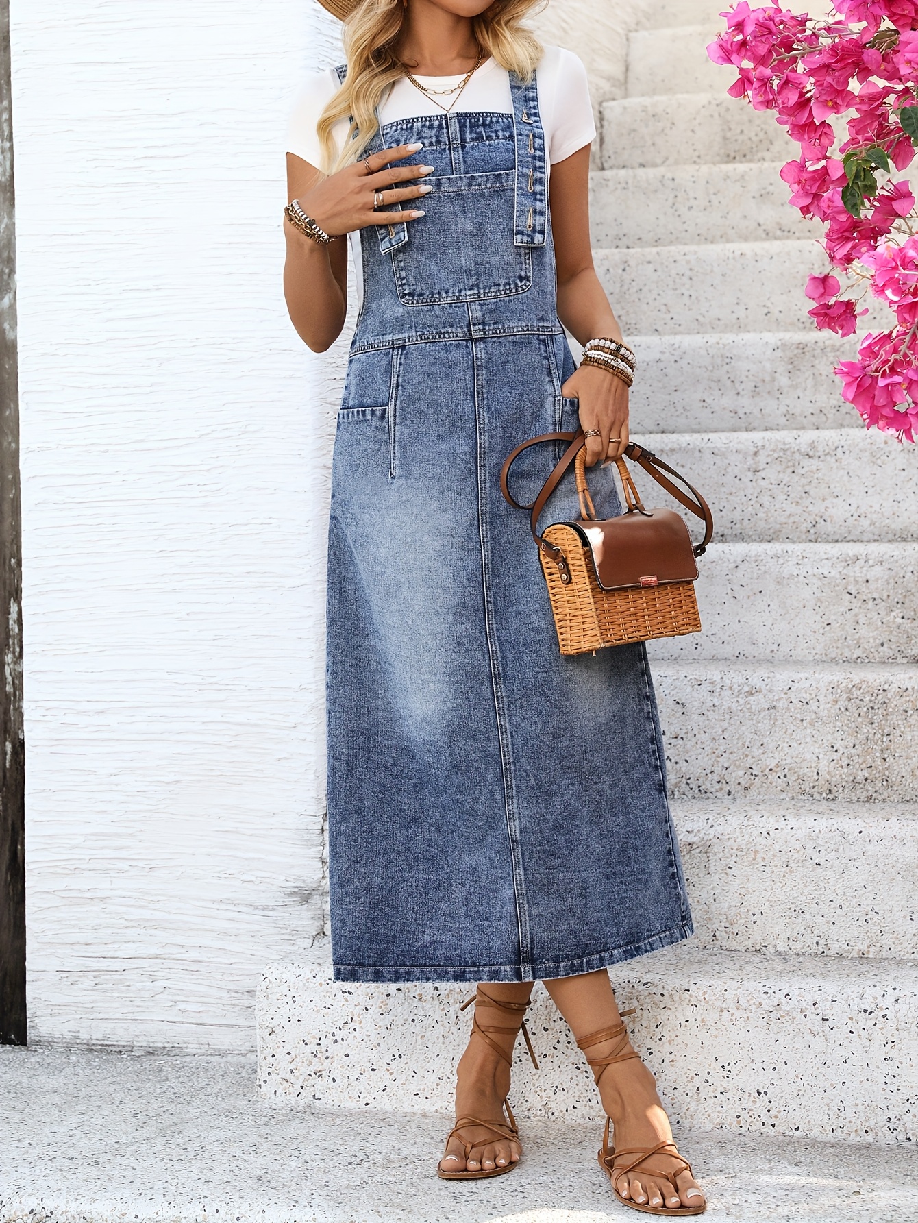 Long Denim Overalls Dress for Women, High-Waisted Loose Cute Skirt