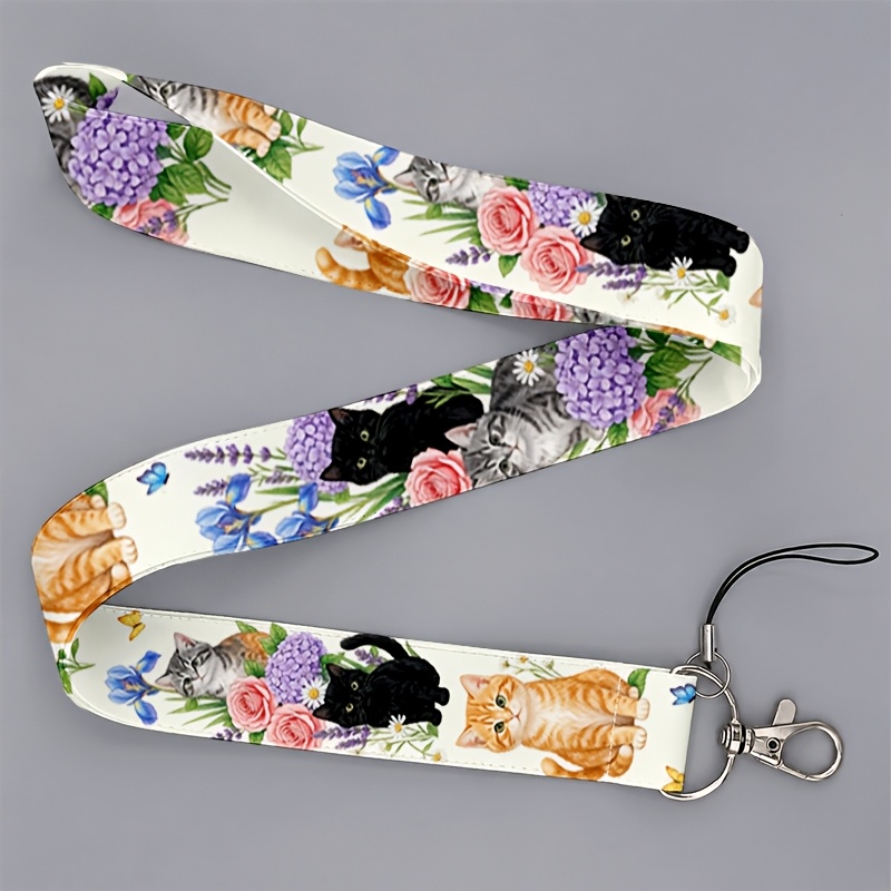 TEMU Cordón 2D para teléfonos, llaves y credenciales de identificación con estampado floral y de gato en acuarela, para hombres y mujeres que van al