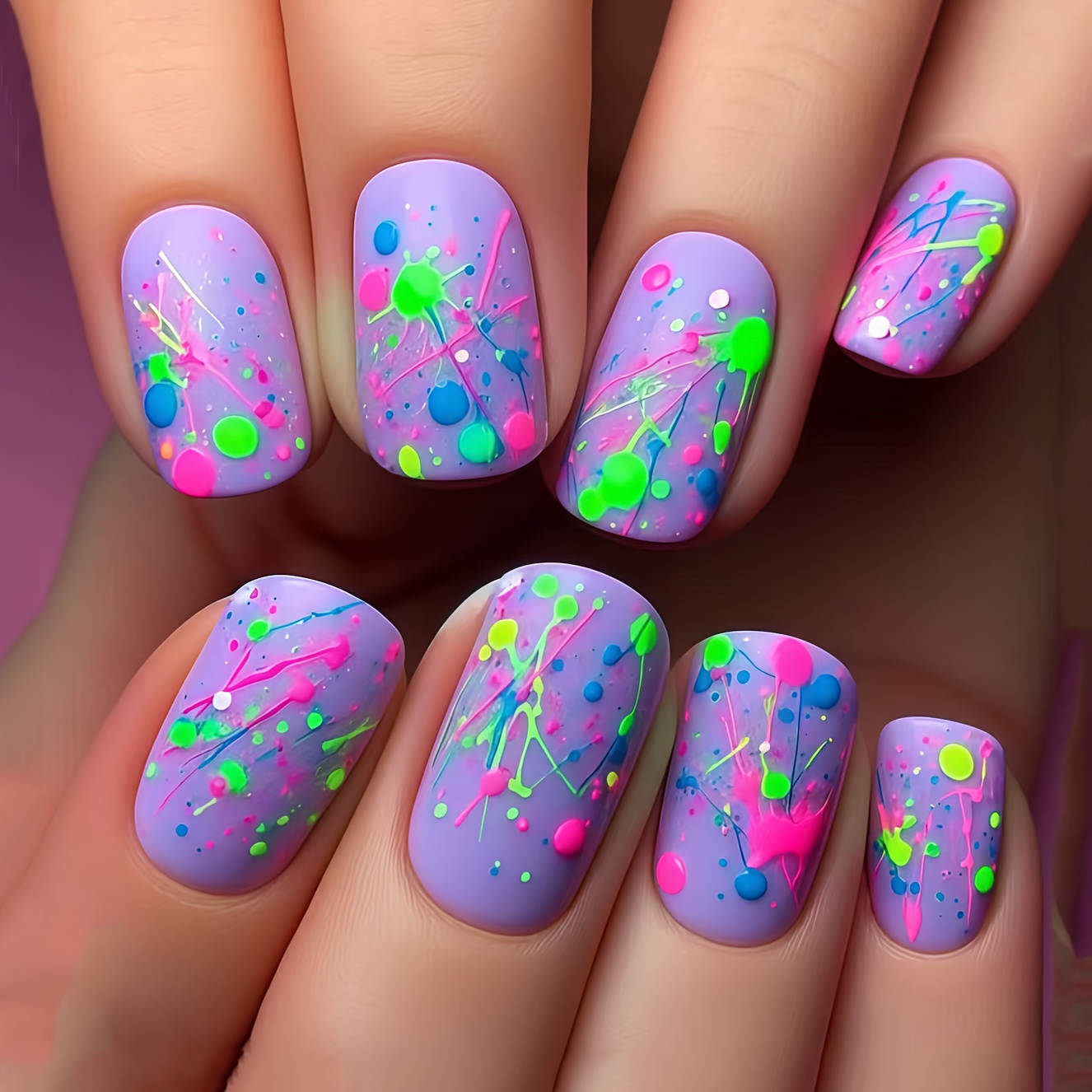 Image of Set Of 24 Removable Press-on Fake Nails Featuring A Purple Background With An Artistic Splatter Design In Ink And Light Purple