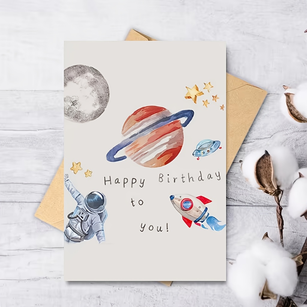 Image of Space-themed Birthday Card | Cute Astronaut And Rocket Illustration Greeting Card