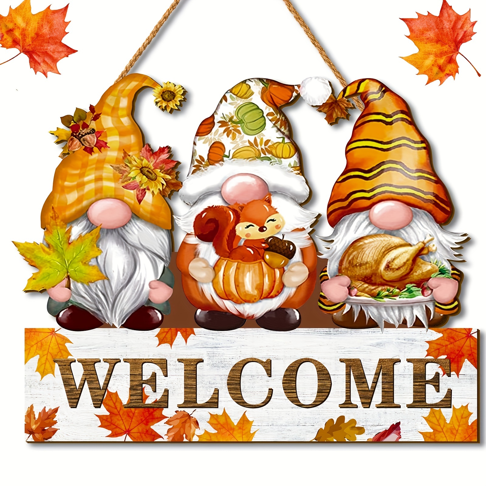 Image of Thanksgiving Autumn Gnome Welcome Sign - 12x10in Wooden Door Decor With Pumpkin, Rustic Farmhouse Harvest Wall Plaque