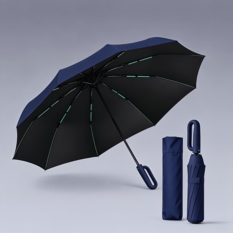 TEMU 8-rib Double Reinforced Frame Folding Umbrella, Auto Open/close Umbrella With Carabiner Handle, Compact Lightweight Portable Travel Umbrella For
