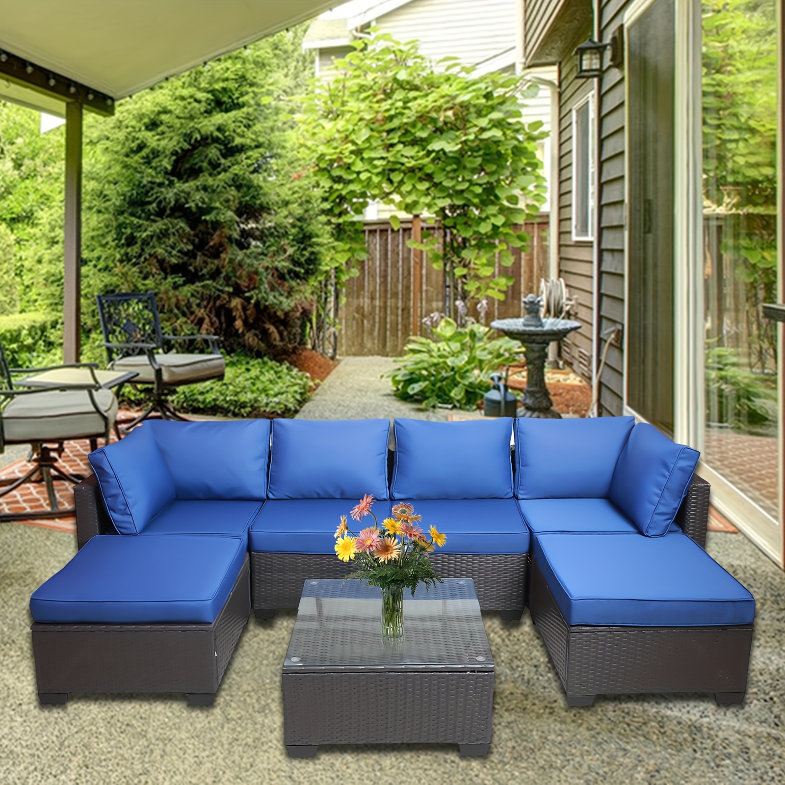 

7 Pieces Outdoor Pe Wicker Furniture Set Patio Rattan Sectional Conversation Sofa Set With Navy Blue Cushions And Glass Top Table