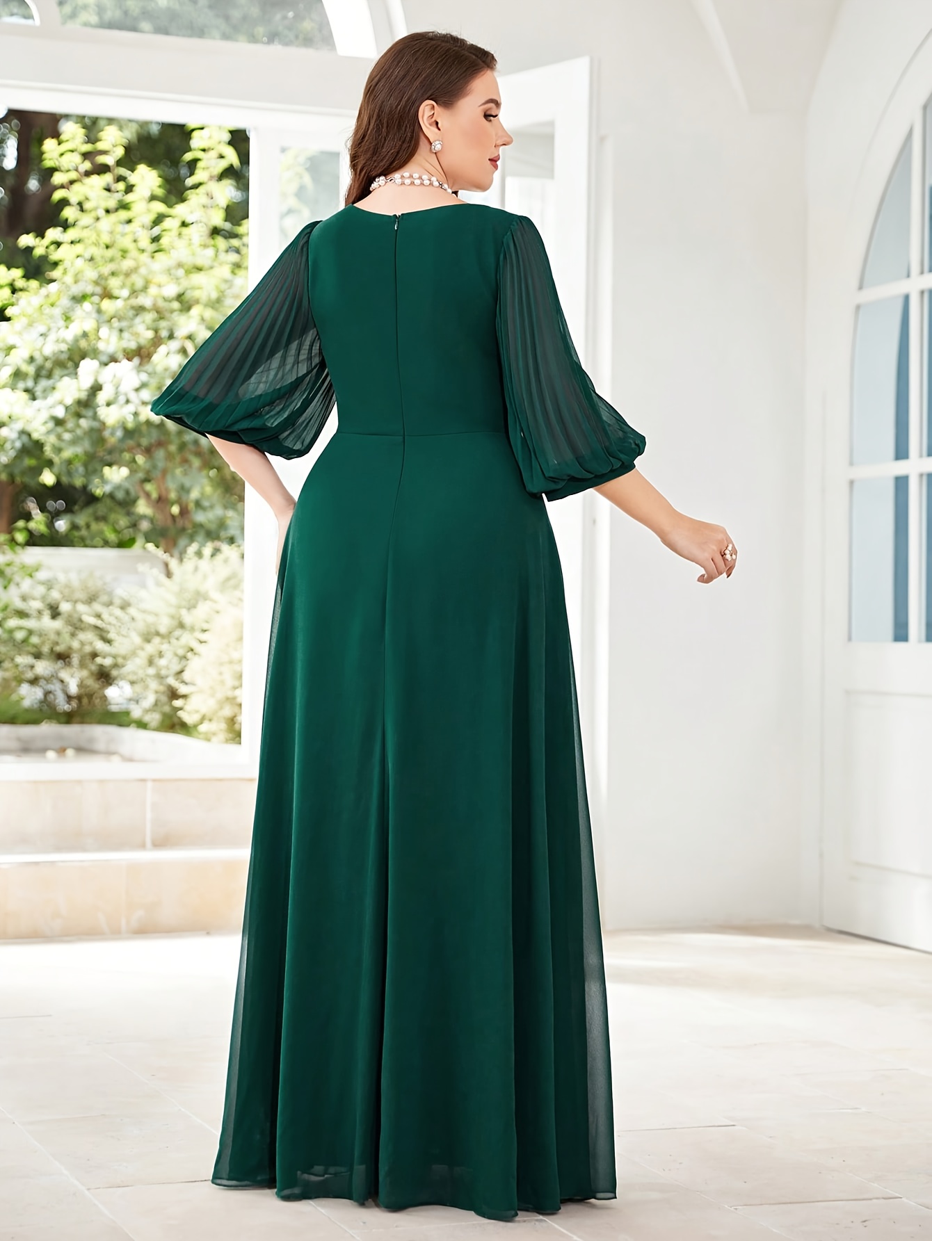 open lace back dress Brown All Pleats Long Sleeve Chiffon Dress – shopaleena main image 0