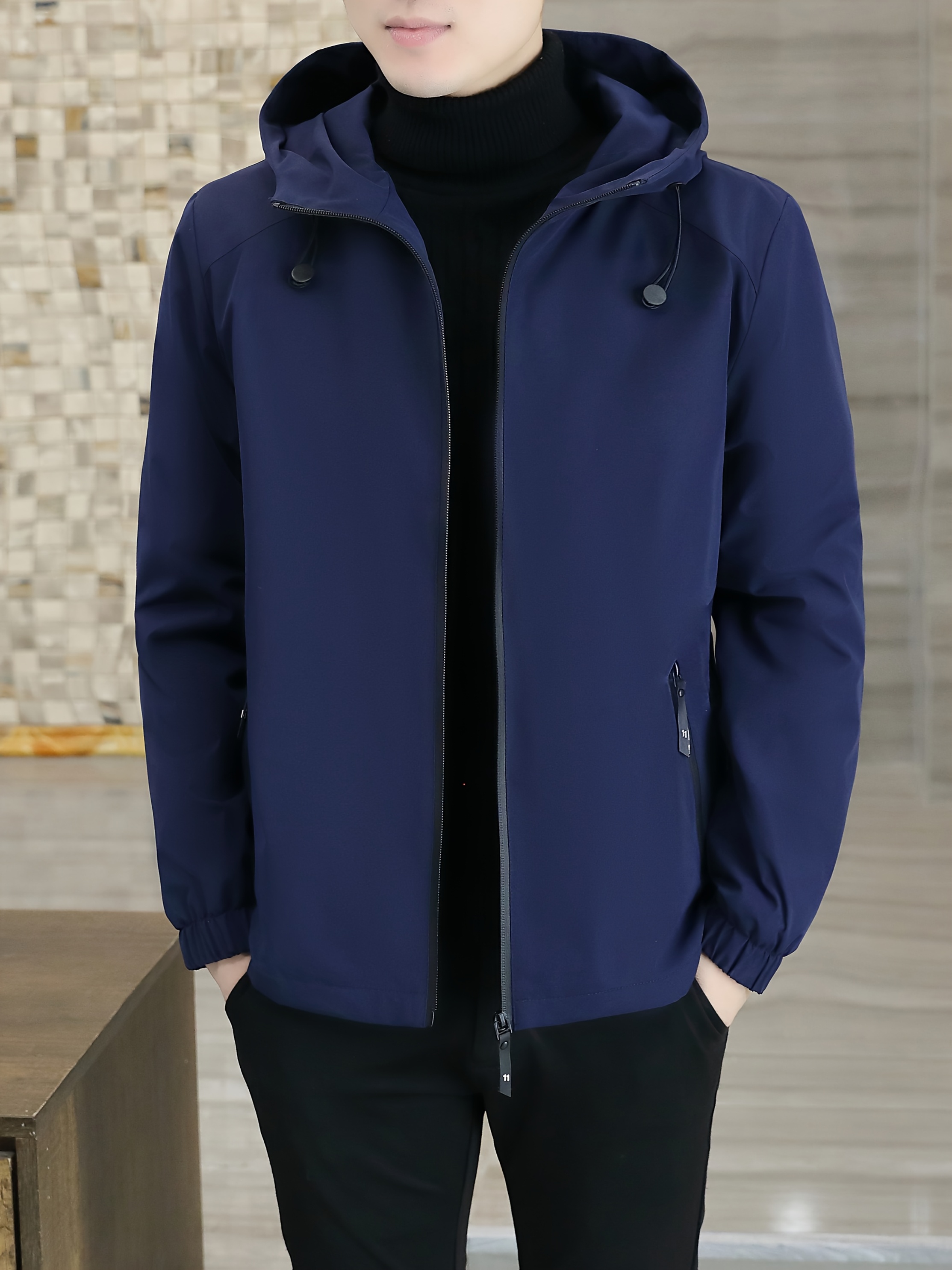 Chaqueta de polar para hombre, abrigo con cremallera resistente al viento para otoño, chaqueta con capucha casual, cálida y moderna, color sólido