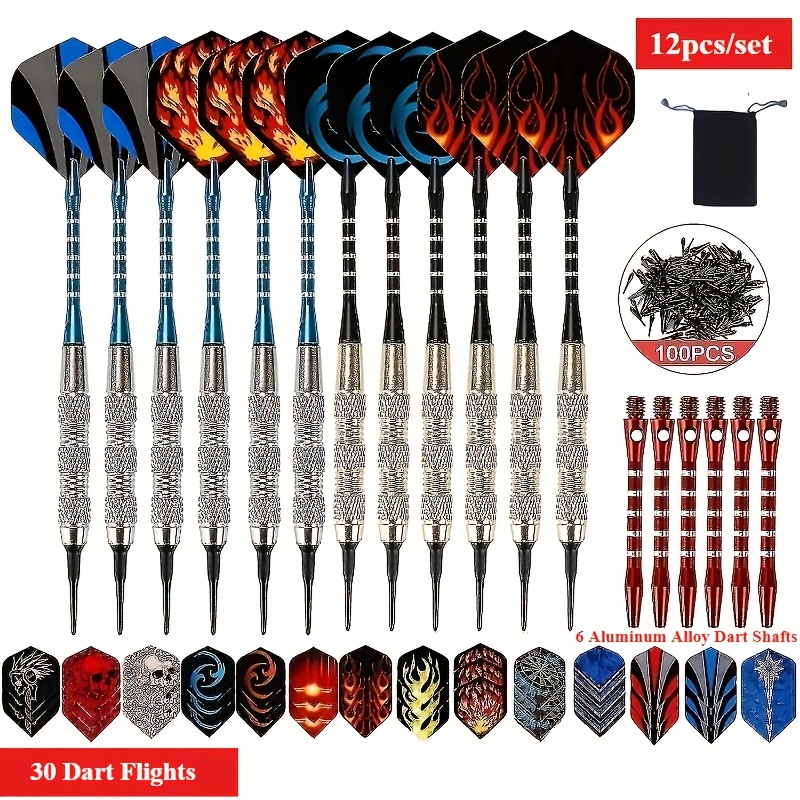 E-shop 12-teiliges 18g Dart-Set mit weicher Eisen-Spitze, inklusive 100 weichen Kunststoff-Spitzen, 30 Fliggen 6 Schäften aus Aluminiumlegierung,