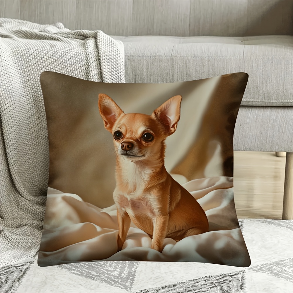 

1pc Vintage Chihuahua Dog Pillow Cover, 18x18 Inch, Machine Washable, Zipper Closure, Polyester Short Plush, Woven Decorative For Home And Office Decor