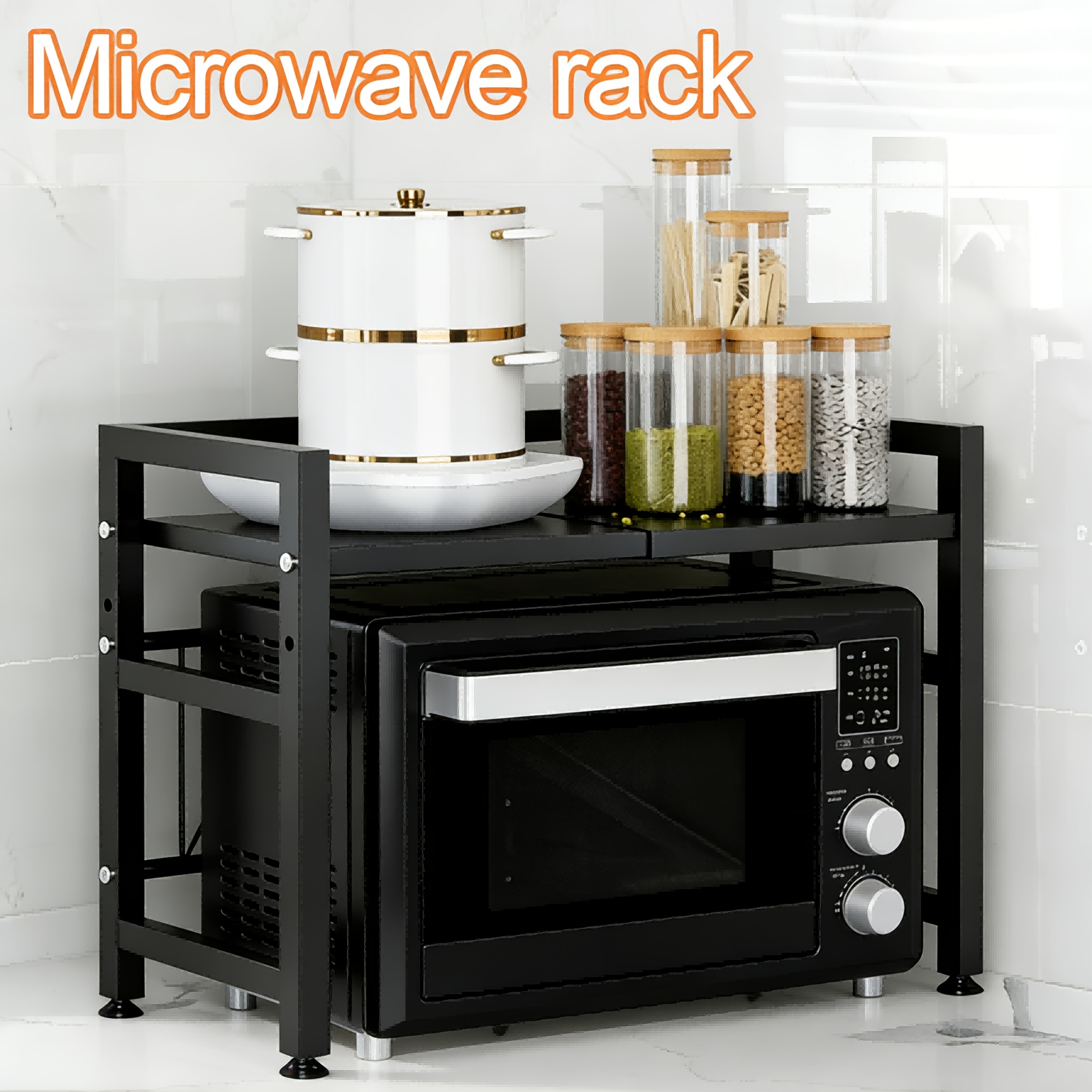 Extendable 2-tier Microwave Rack, Adjustable Kitchen Countertop Storage Shelf, Expandable Microwave Stand With Height Adjustable, Heavy Duty Metal Oven Rack For Kitchen Organizer, Extend 40-64cm