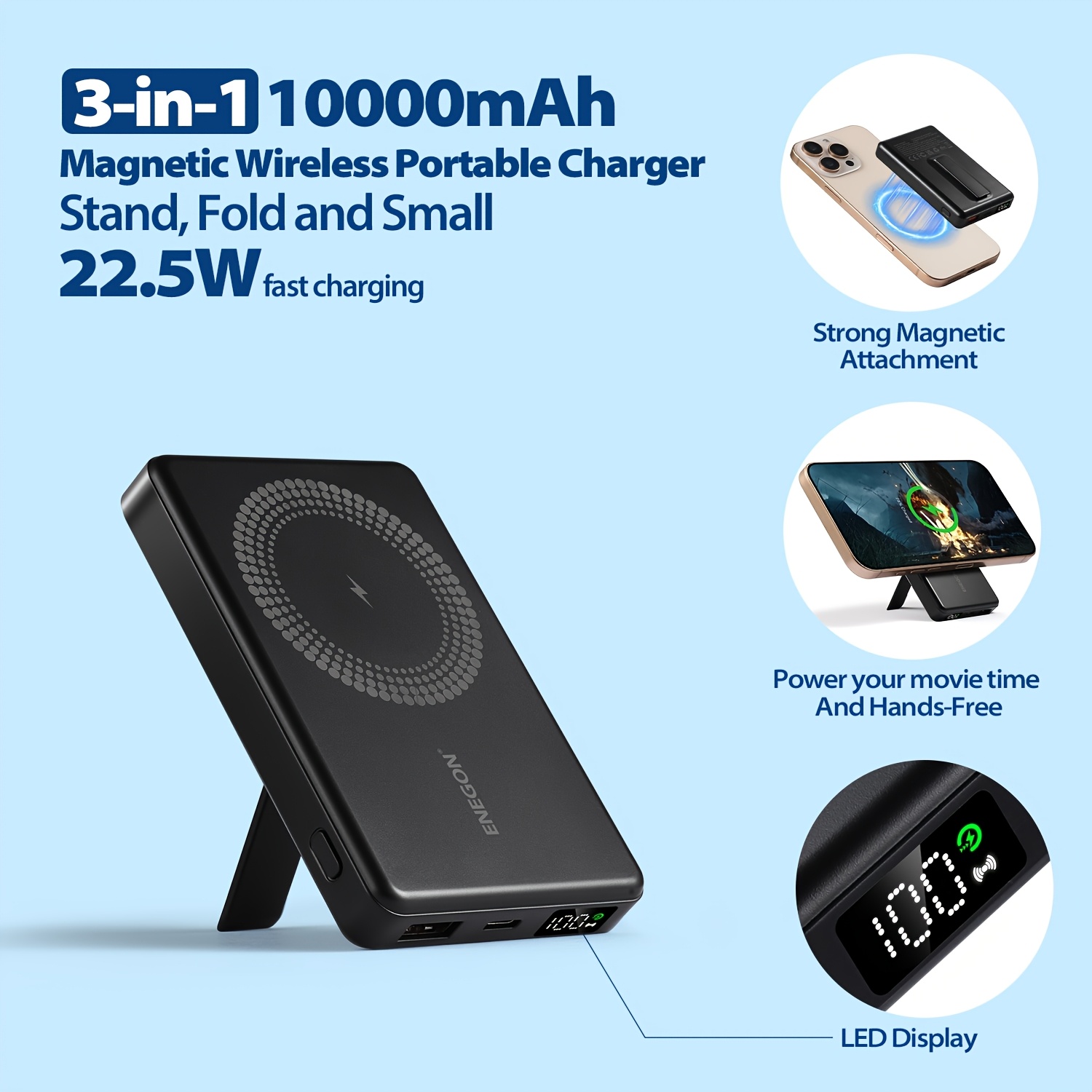 TEMU Enegon 10000mah 3-in-1 Foldable Magnetic Wireless Portable Charger, 22.5w Usb-c Power Bank With Stand, Magsafe-compatible For Iphone