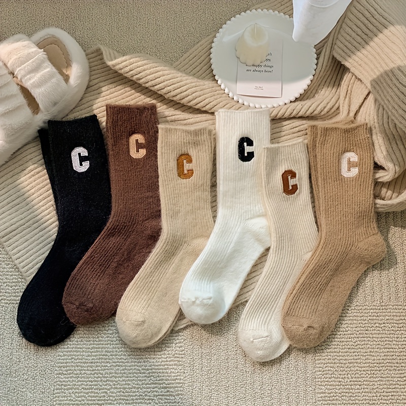 

6 Pairs Of Plush C-letter Trendy Mid-calf Socks For Teenagers [autumn/winter] Thickened Warm Socks For Winter, Cozy Long Socks For At Home.