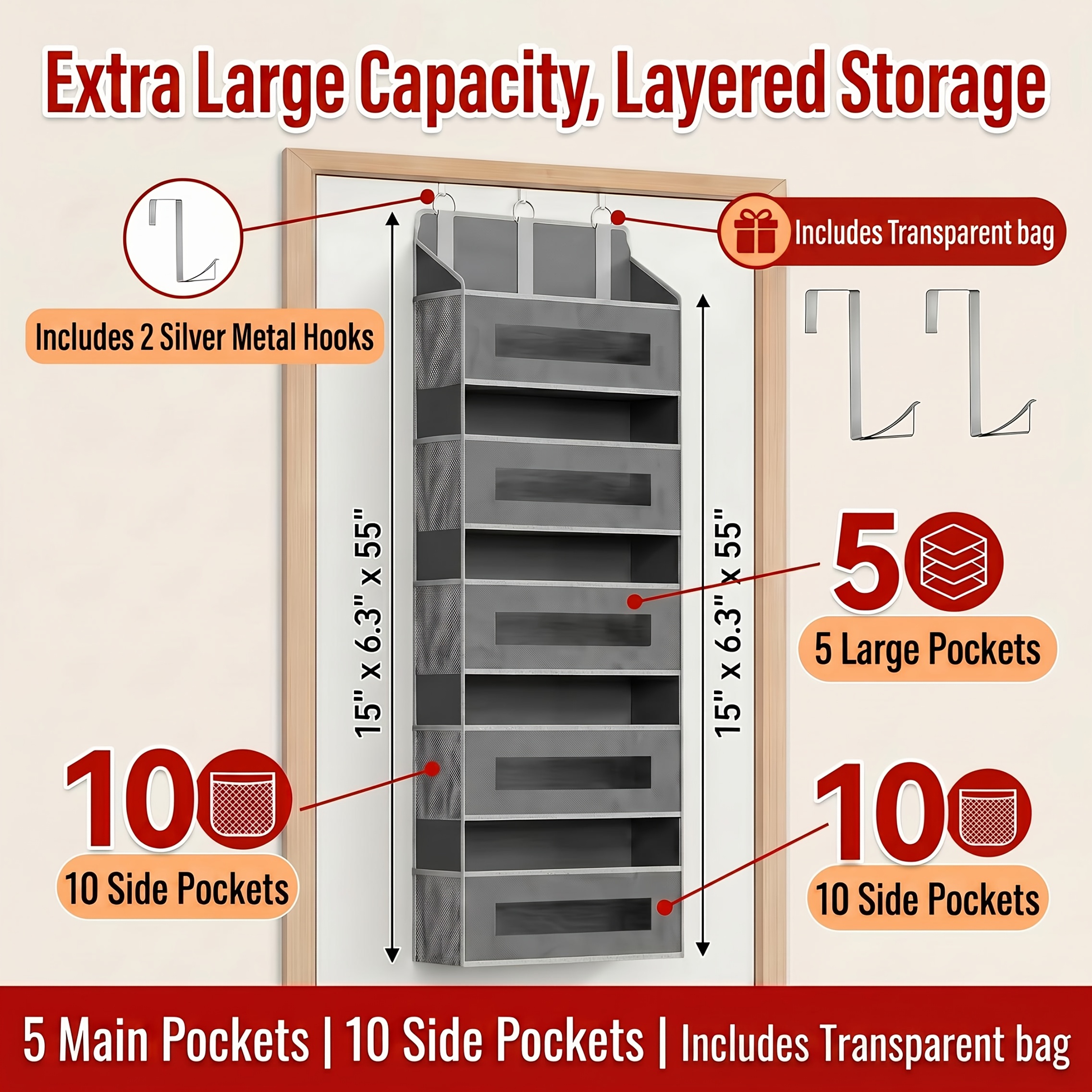TEMU Door Storage Organizer, 5-tier Hanging Over-the-door Organizer With 5 Large-capacity Pockets, Anti-tip 44 Lbs Load Capacity Back-of-door Storage