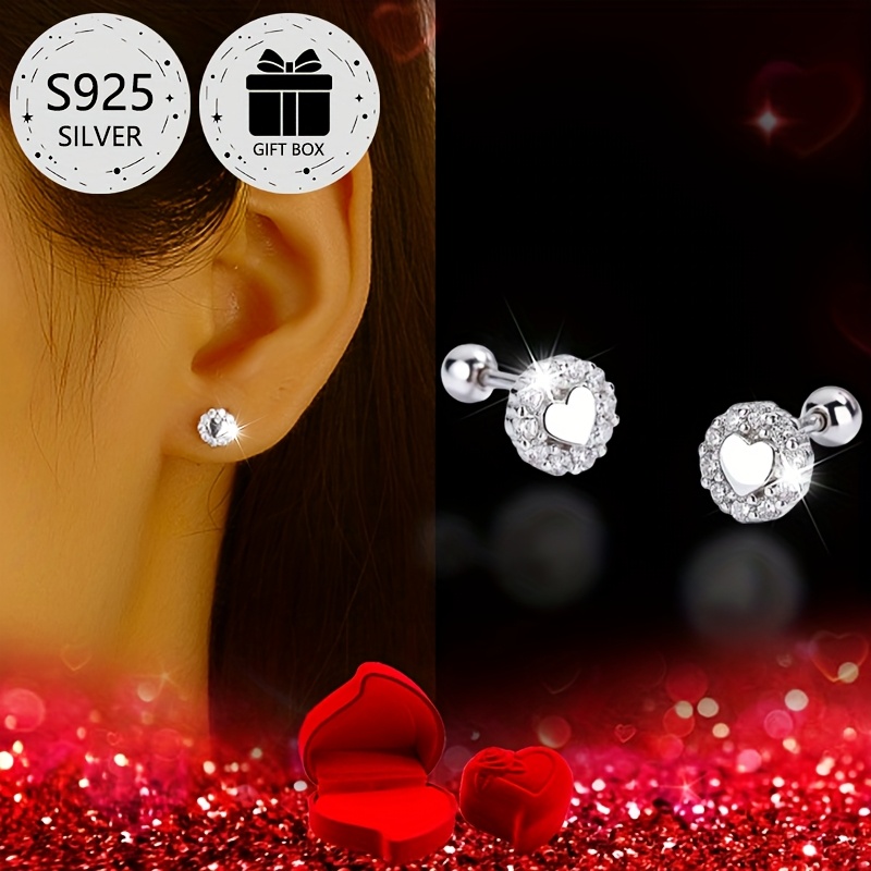 

Elegant 2pcs Heart Stud Earrings Set For Women - 925 Sterling Silver With Sparkling Cubic Zirconia, Perfect Valentine's Gift Box, Threaded, Earlobe Piercing, Party & Wedding, Daily