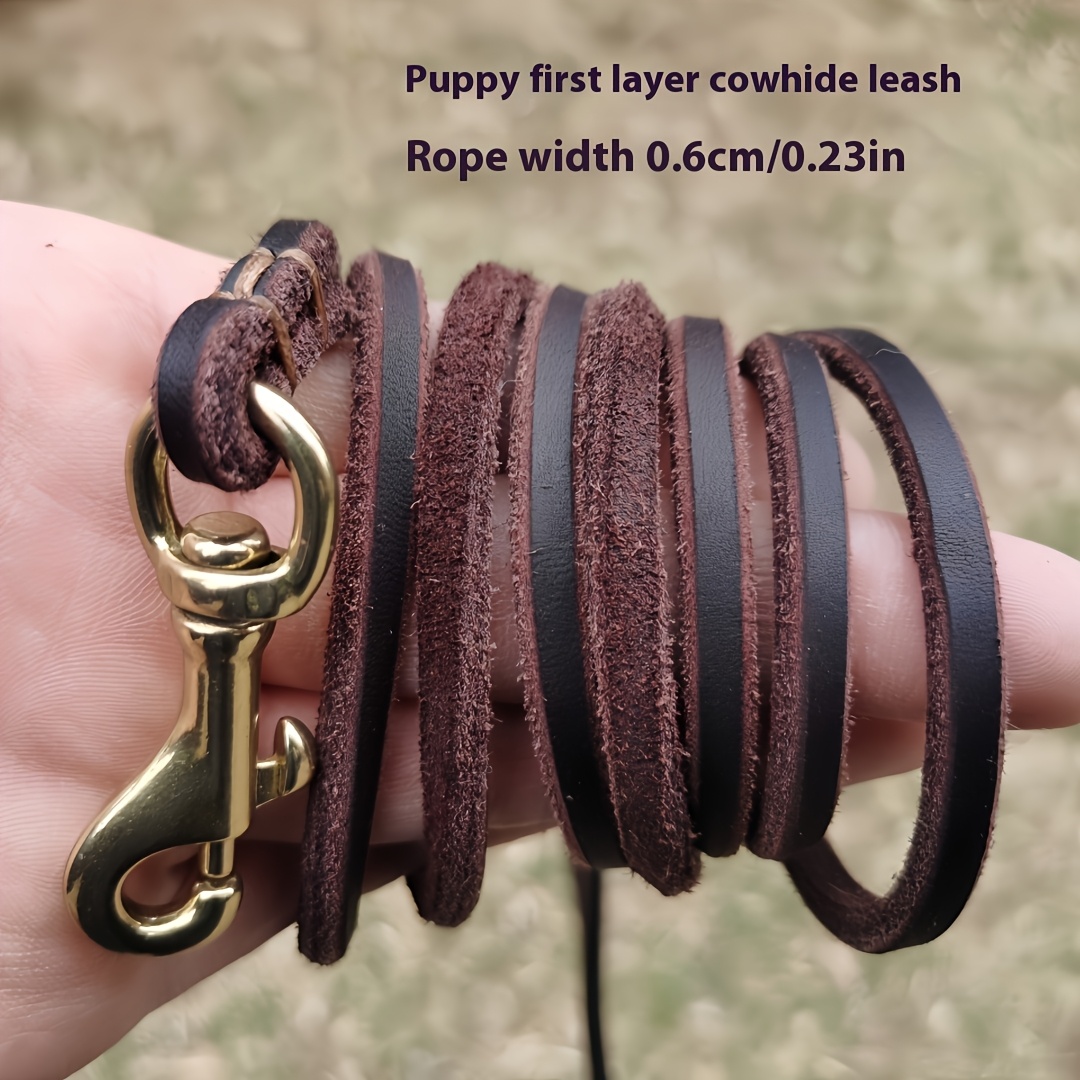 TEMU Lightweight And Thin Cowhide Puppy Leash With Brass Hook, Vintage Elegant Cowhide Dog Leash For Teddy, Pomeranian, And Other Small Dogs