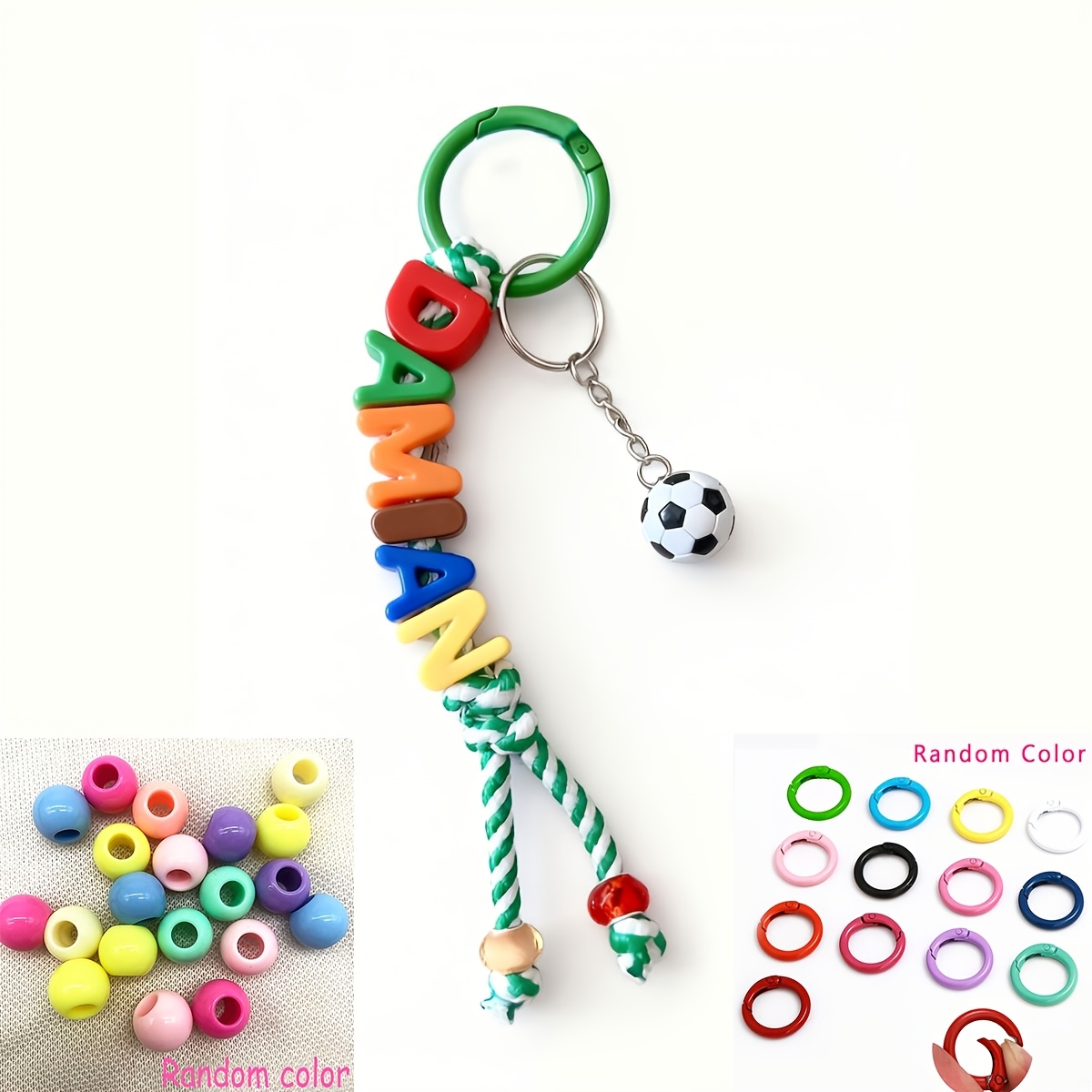TEMU Personalized Custom Name Keychain Colorful Letter Beads With Soccer Basketball Football Charm Handmade Braided Rope Bag Pendant For Backpack Key