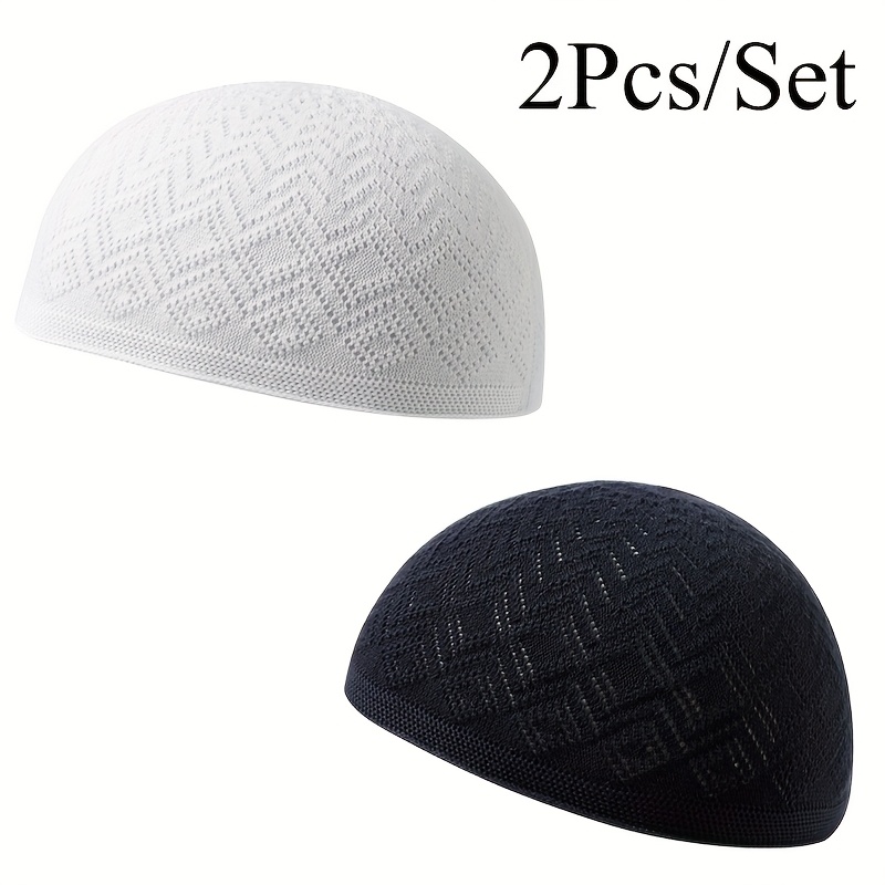 TEMU 2 piezas de gorros Kufi tejidos para hombre, respirables, con cierre ajustable, poliéster, patrones geométricos negros y blancos, ropa de cabeza