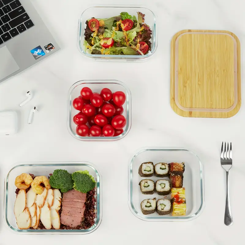 4 pack glass food storage containers with bamboo lids microwave oven freezer dishwasher safe stackable space saving meal prep containers 4 sizes 35 1oz 22oz 27oz 17 6oz bpa free leakproof for lunch kitchen office glass food containers keeper lidding Product details 0