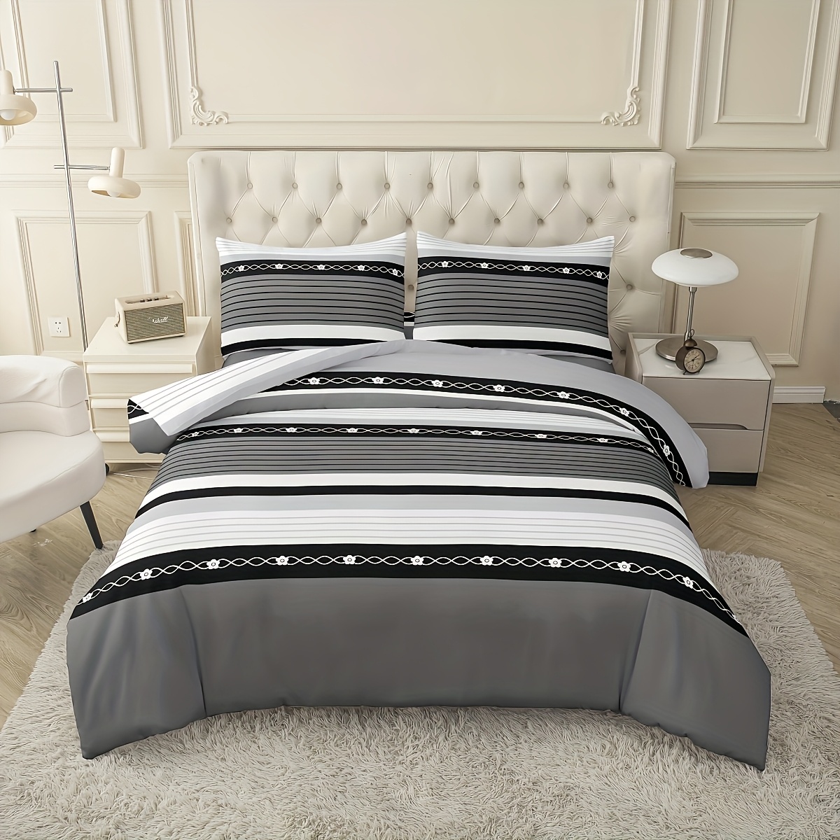 3pcs Mica Gray Striped Bedding Duvet Cover Set, Including 1pc Down Duvet Cover And 2pcs Pillowcases, , Care - Decor