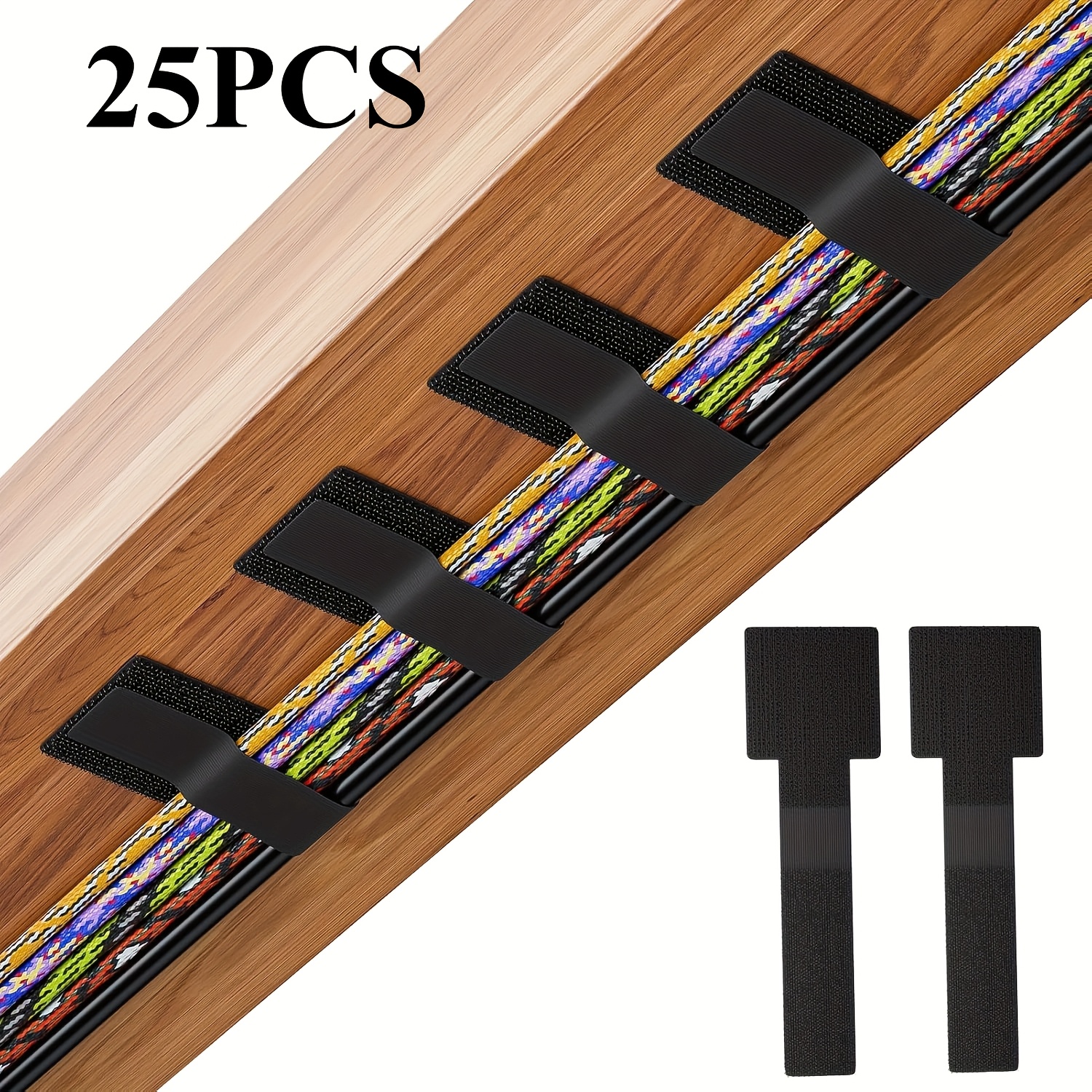 25pcs Hook And Loop Cable Ties, Gliship Adhesive Wire Management, Adjustable Cable Straps Cord Wrappers Keeper Cord Holder, Sticky-back For Kitchen Appliances At Office, Home - Black