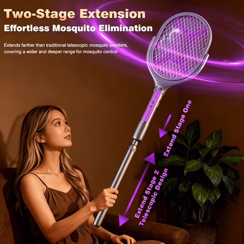 new arrival retractable extended electric fly swatter racket 2 in 1 smart bug zapper and generator with usb rechargeable base powerful trap lamp and fly killer for home bedroom Product details 0