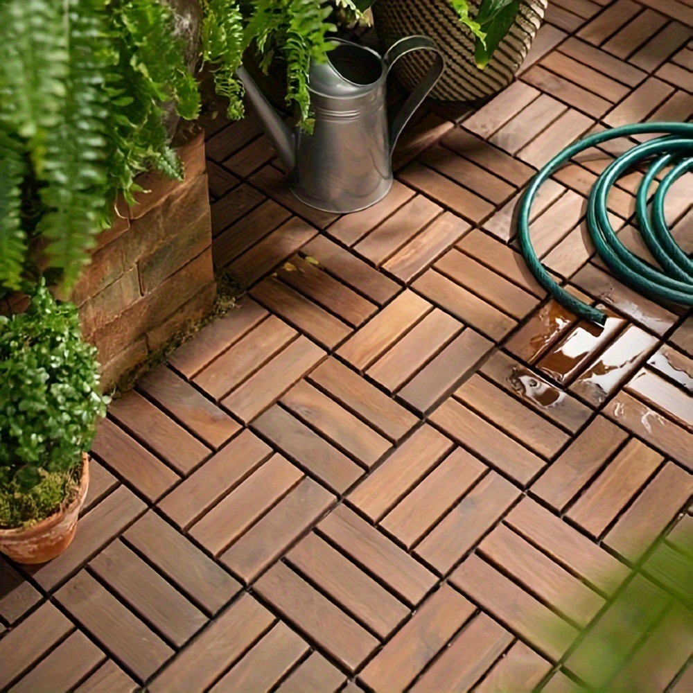 

10 Pcs/30 Pcs 12 In. X 12 In. Solid Acacia Wood Interlocking Flooring Deck Tiles Checker Pattern