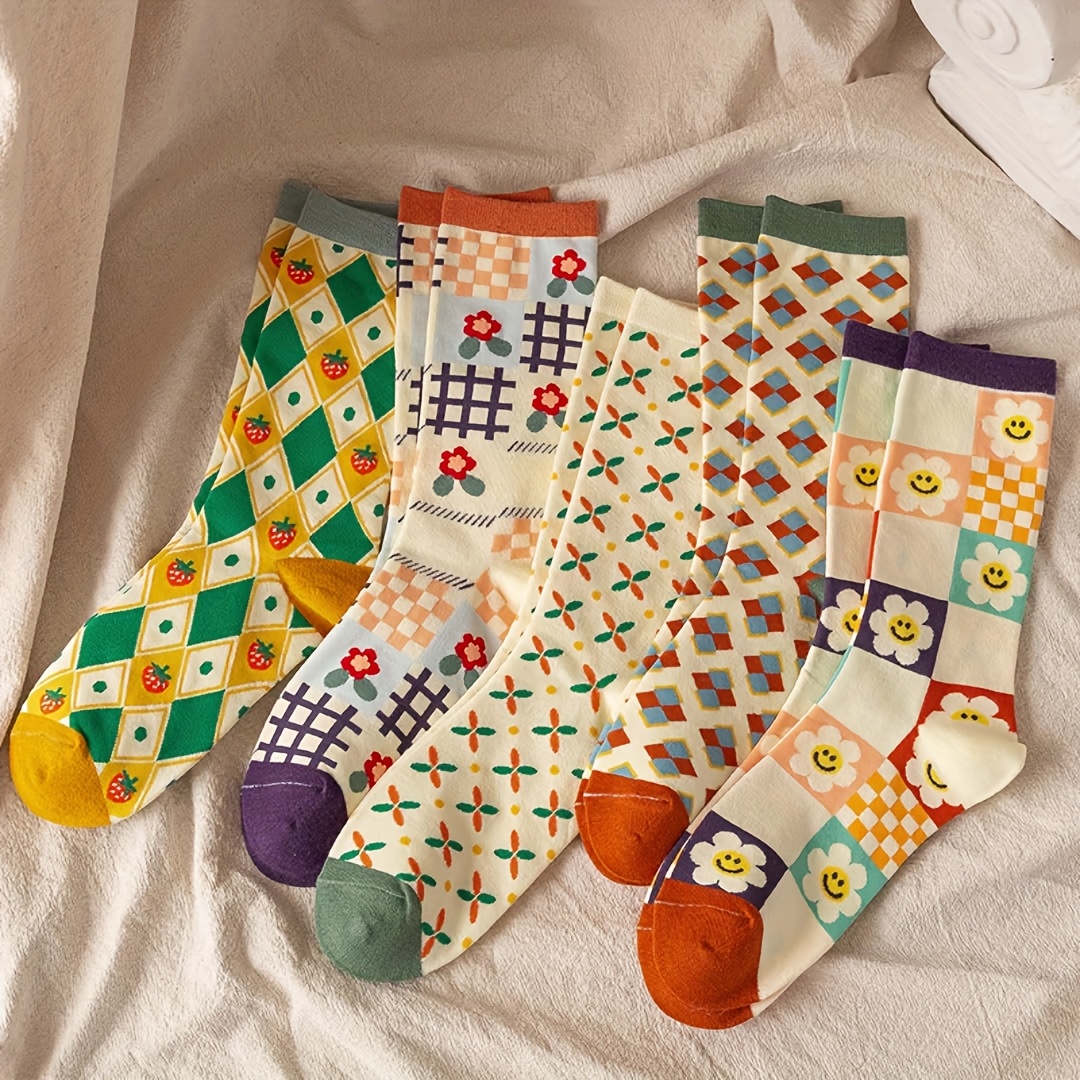 Image of 5 Pairs Women's Color Block Socks, Colorful Diamond Lattice With Cute Cartoon Flower And Strawberry Patterns, Casual And Versatile For Daily Wear