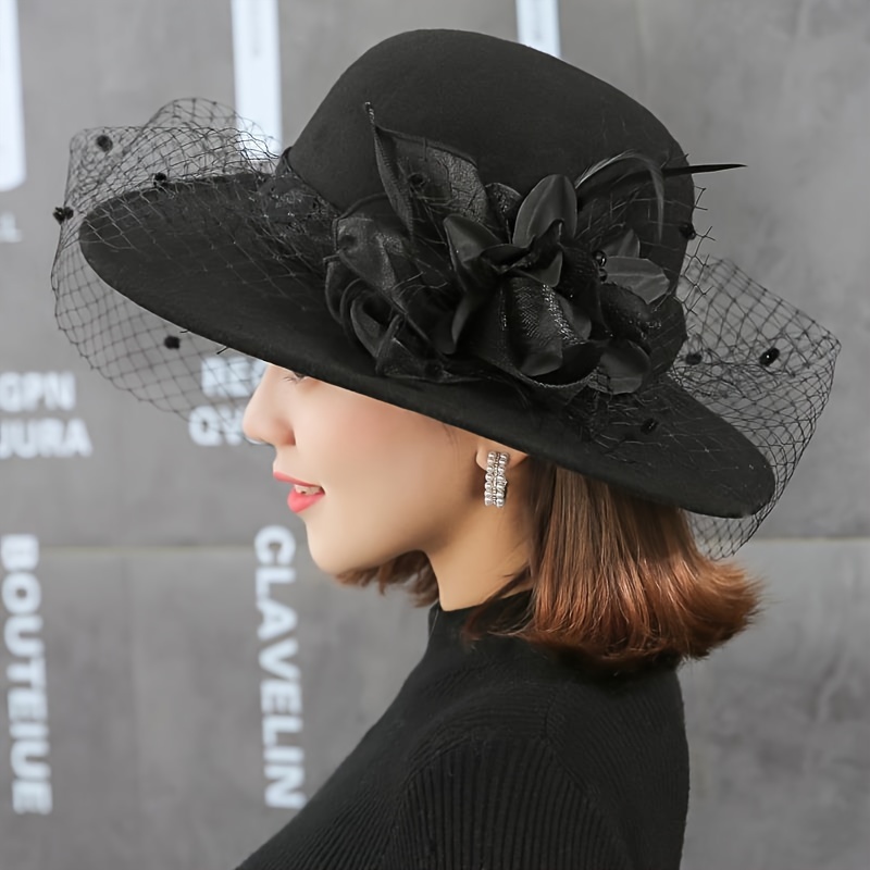 elegant women's fedora hat mesh veil decorative feather – Temu
