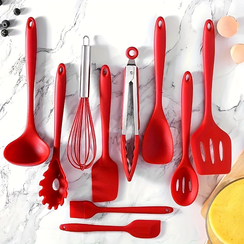 

10pcs Kitchenware Resistant Silicone Kitchen Utensils Kitchen Tools Utensil Set, Spoon, Leak Spatula, Manual Egg Beater, Oil Brush, Household Baking Kit, Back To School Supplies