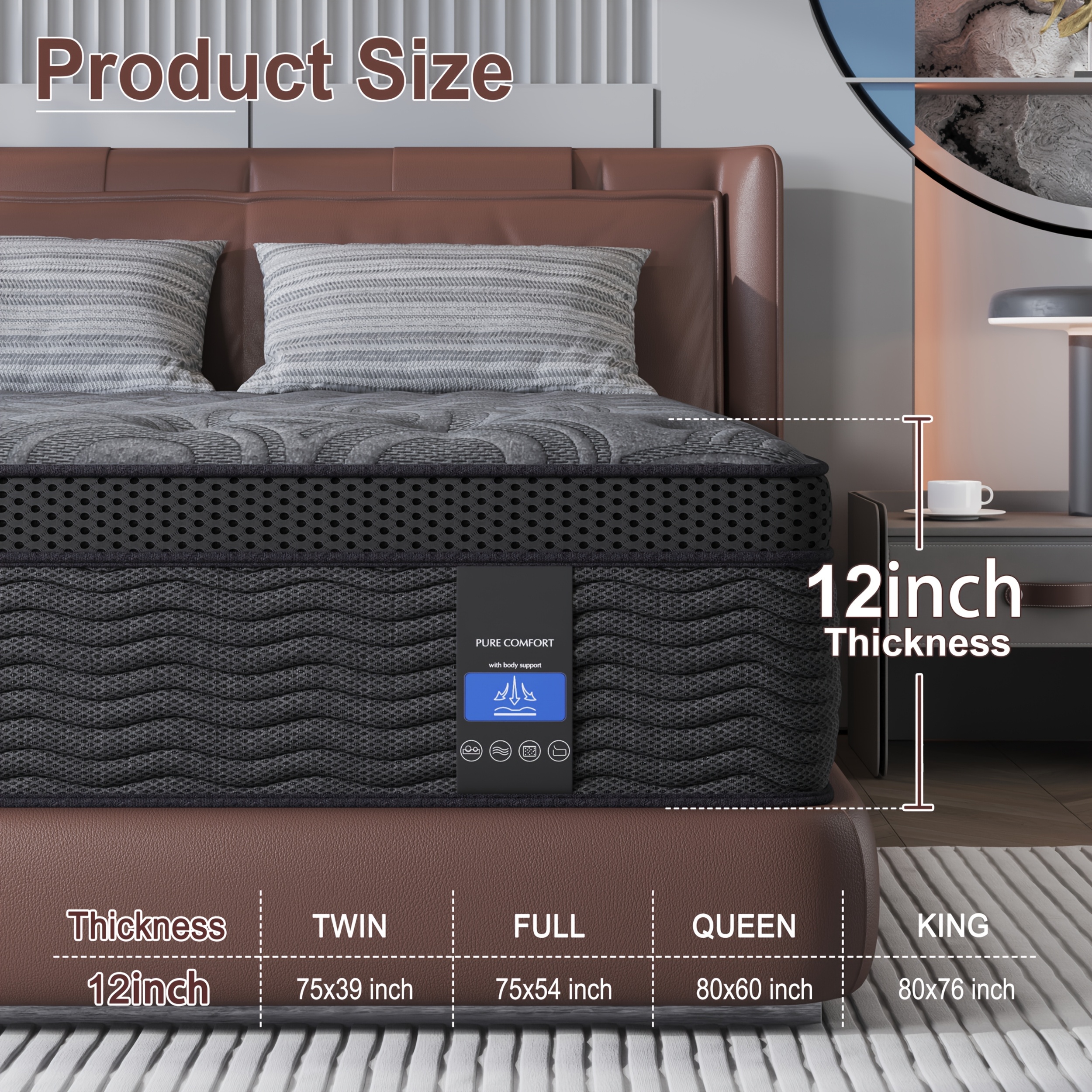 TEMU Matelas à ressorts ensachés en mousse à mémoire de 12" Twin Full Queen King en boîte, fermeté moyenne
