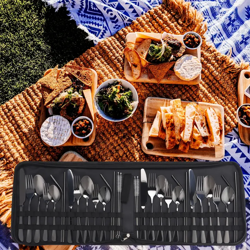 32pcs summer outdoor portable stainless steel outdoor tableware set knife straw and cleaning brush large portable bag reusable lightweight and convenient suitable for outdoor picnics camping travel gifts for Product details 6