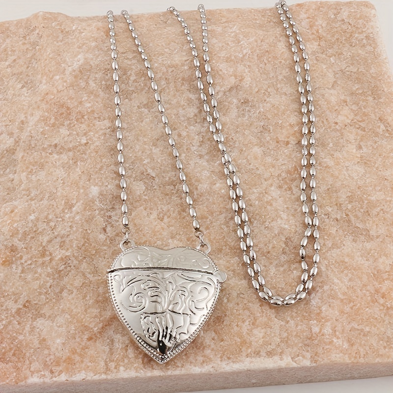 boho chic sweet silvery heart embossed necklace vintage inspired long chain pendant for   for daily wear parties boho chic necklace Product details 4
