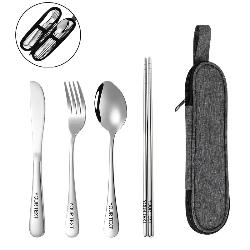 customized 4pcs stainless steel knife fork and spoon set stainless steel knife fork and spoon black tableware set outdoor travel knife and fork portable storage bag outdoor picnic family reusable tableware Product details 3
