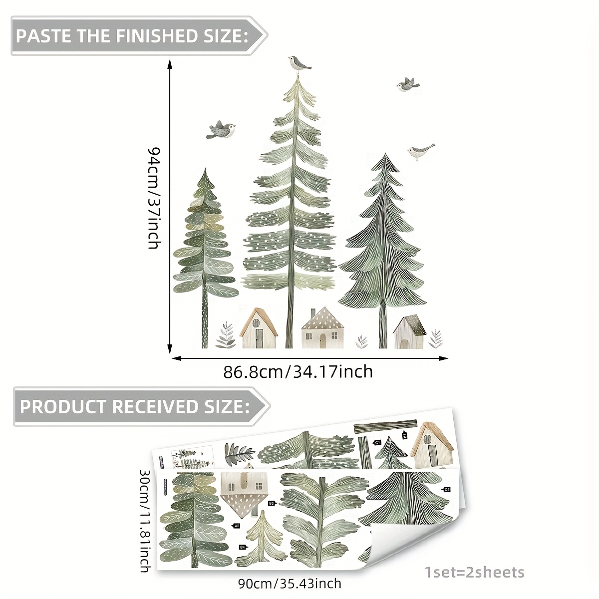 Image of A Set Of 2 Sheets (30*90cm*2pcs) Hand-painted Pine Bird Wall Stickers Living Room Bedroom Home Background Decoration Stickers Self-adhesive Bm3078-yl