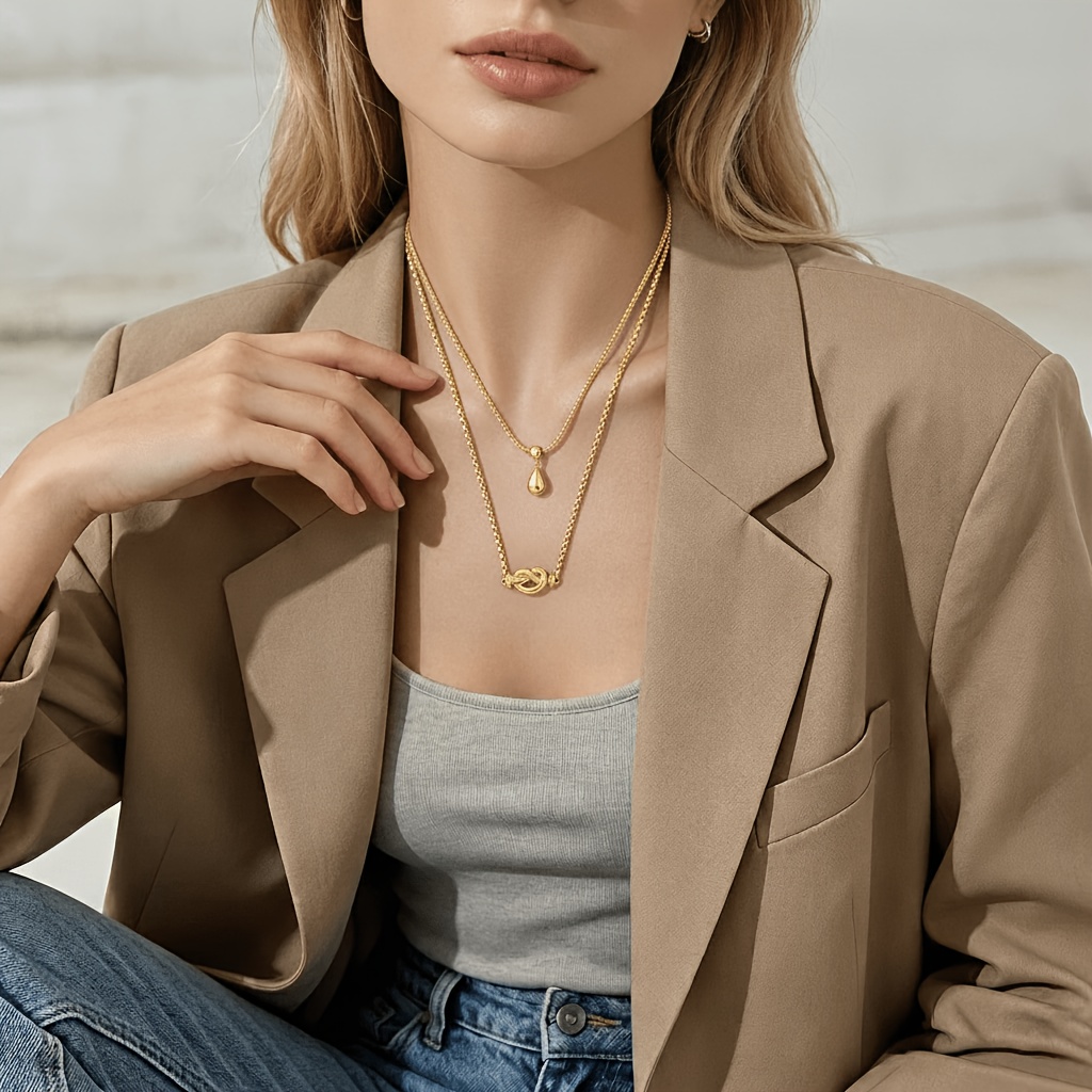 2pc 18K Golden Plated Box Chain Waterdrop & Twisted Dough Pendant Necklace