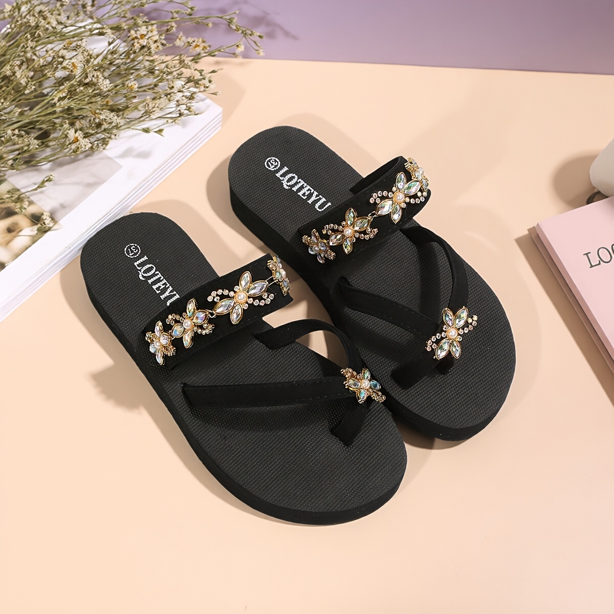 TEMU Women's Summer Fashion Toe-post Flip-flops With Rhinestone Decoration, Comfortable Flat Casual Slides, Suitable For Home, , Leisure Walking,