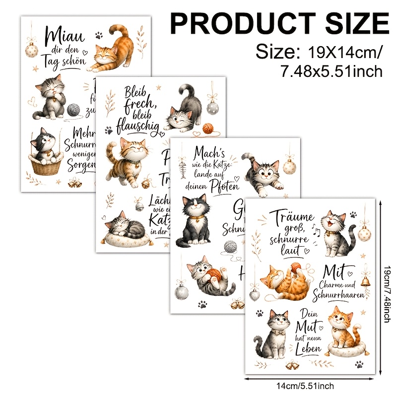 TEMU 4pcs, Hand-drawn Kitten German Inspirational Pattern, Uv Dtf Waterproof Scratch-resistant Vinyl Material, Suitable For Crafts, Mugs, Bottles,