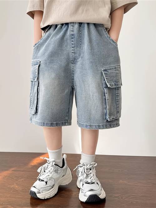 boys loose fit denim cargo shorts elastic waist wide leg jean shorts
