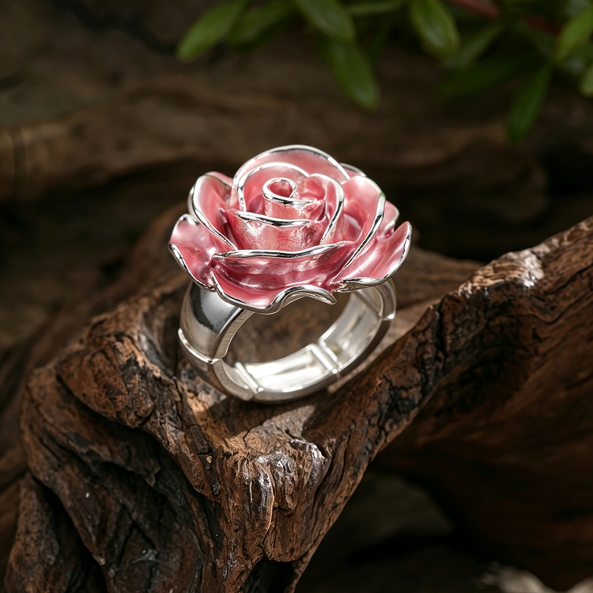 Women's 2pcs Vintage 3D Enamel Rose Flower Statement Ring Set