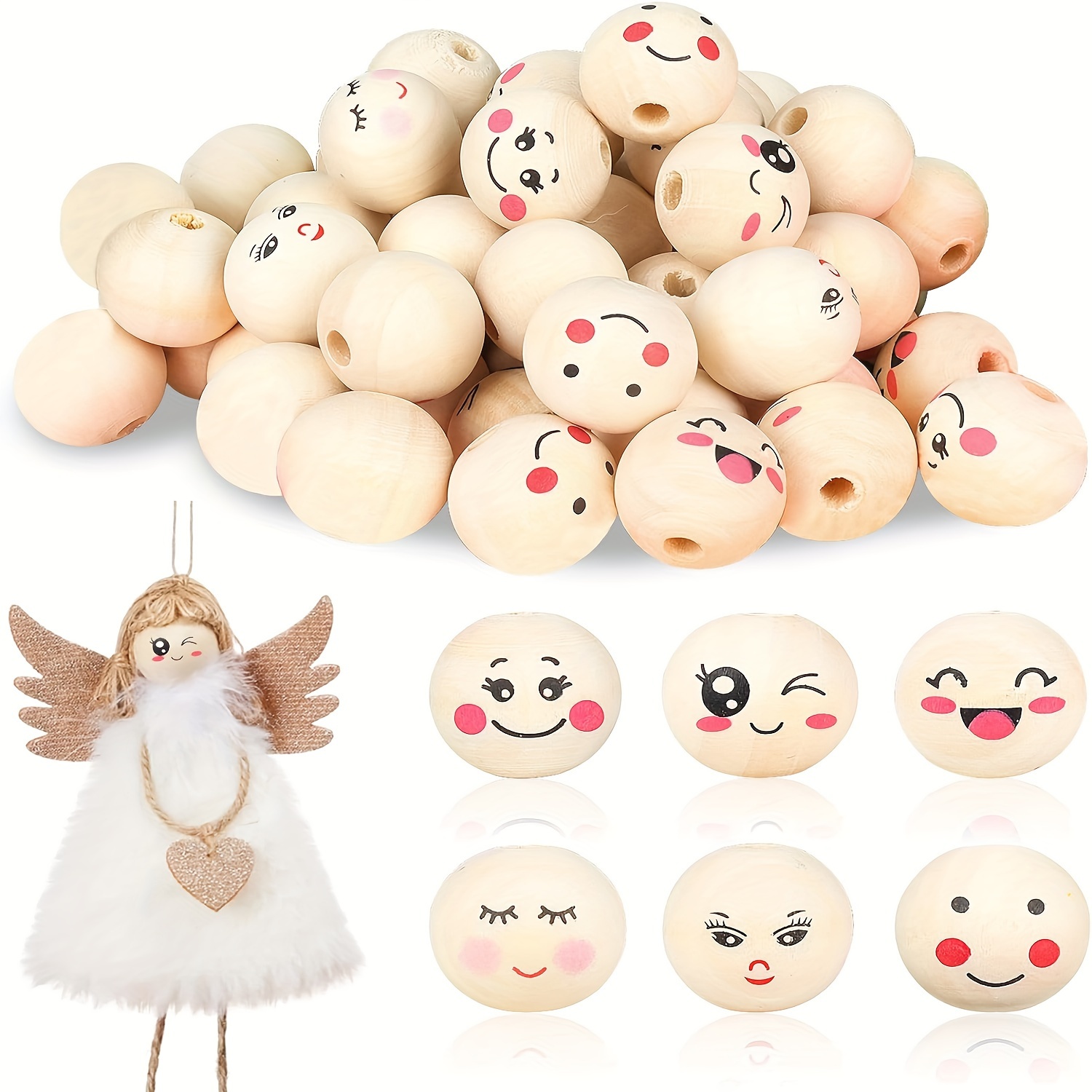 

60pcs Wooden Beads With Face, Wooden Balls With Hole And Face Pattern, 20mm, 6 Style, For Jewelry Making Diy Bracelet And Other Creative Decors Handmade Craft